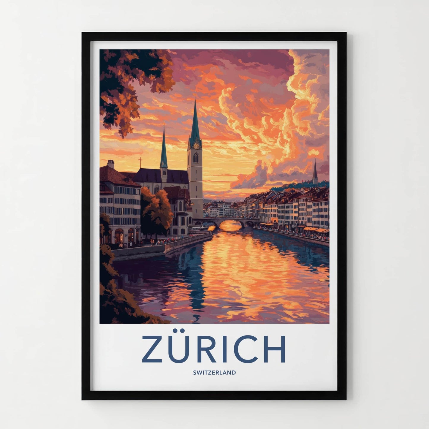 Zurich Poster - Switzerland Travel Art - Dramatic River Sunset Home Decor
