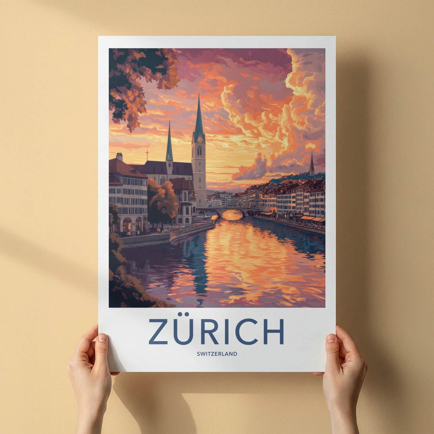Zurich Poster - Switzerland Travel Art - Dramatic River Sunset Home Decor