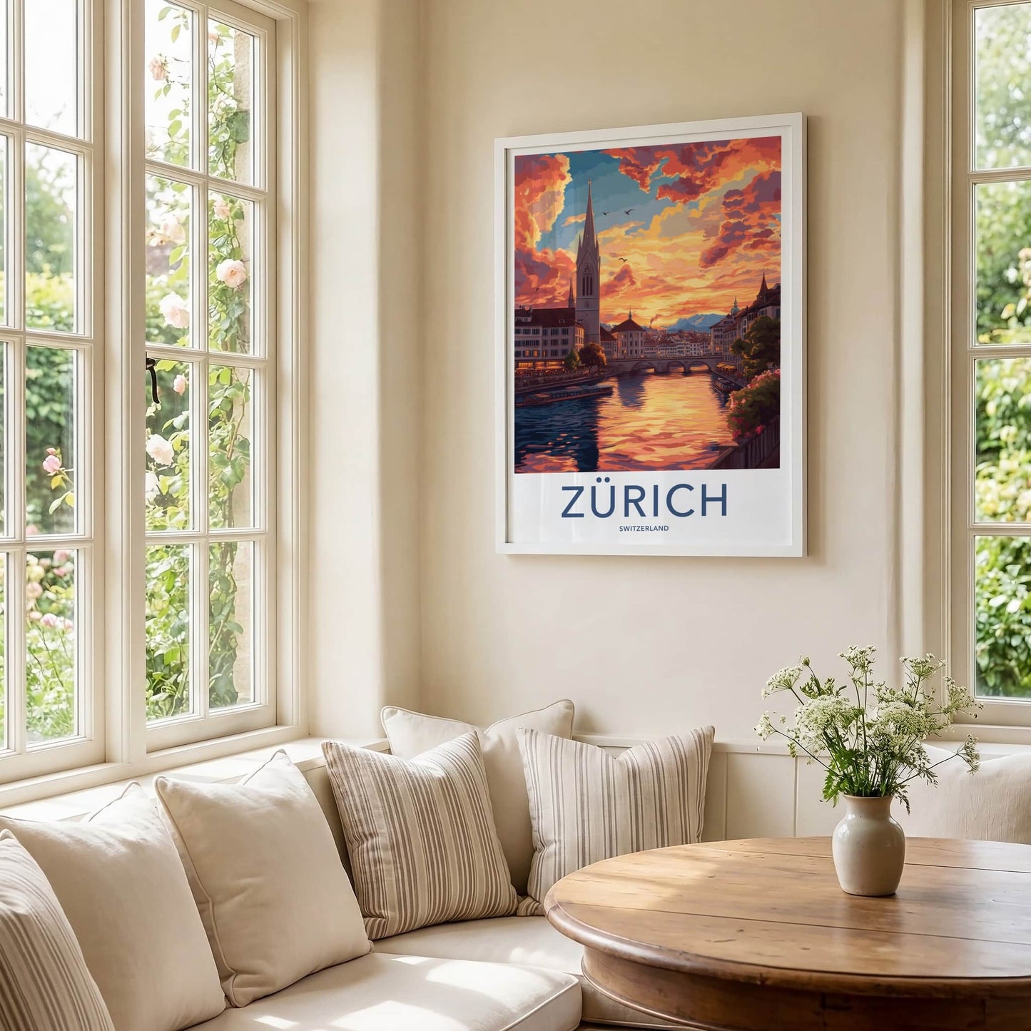 Zurich Poster - Switzerland Travel Art - Sunset River Cityscape Wall Decor