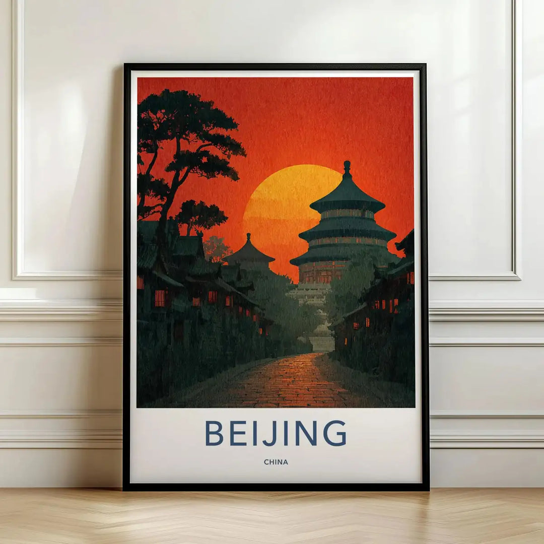 Framed travel poster of Beijing's Temple of Heaven at sunset leaning against a white wall.