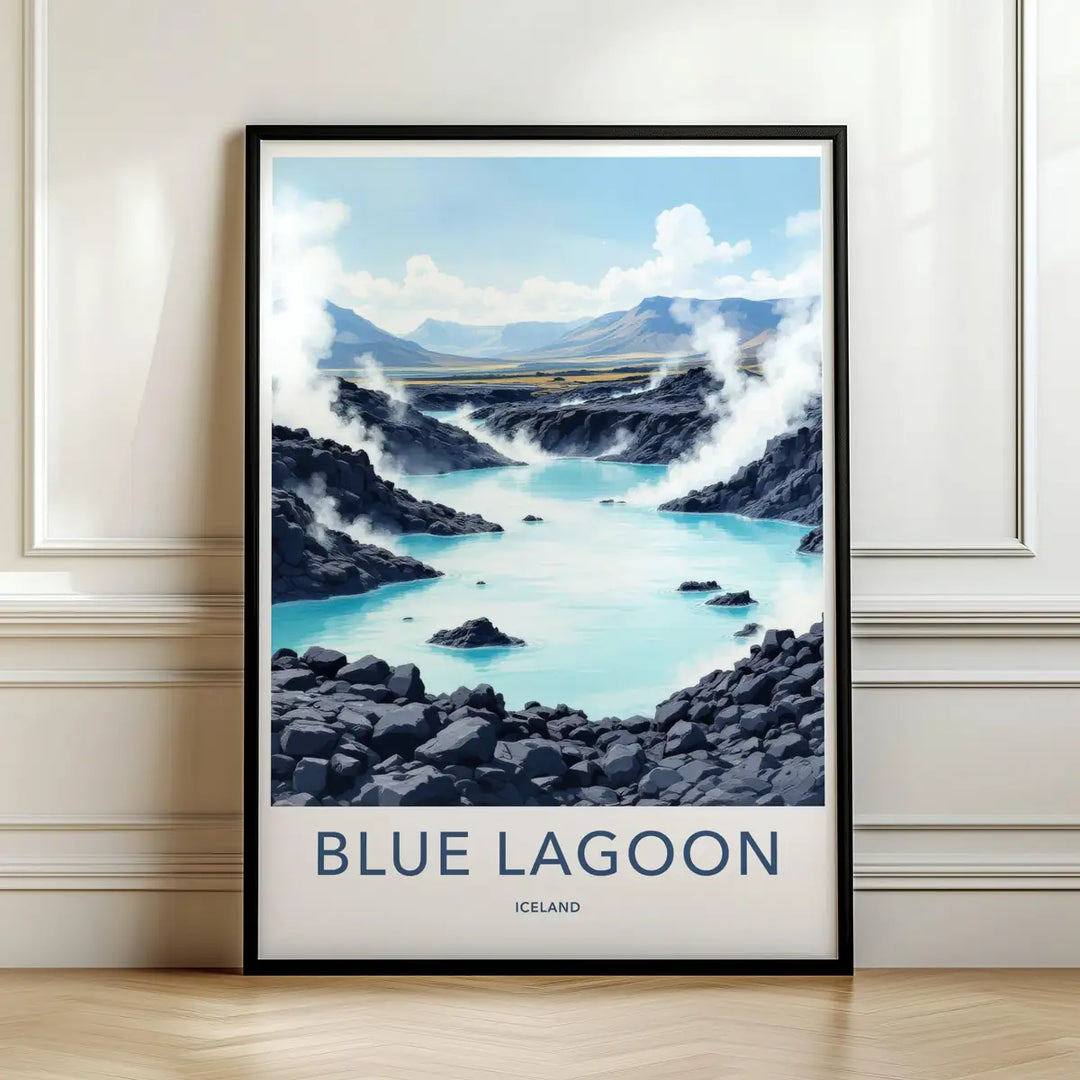 Framed travel poster of the steaming Blue Lagoon and rugged volcanic rocks leaning against a white wall.