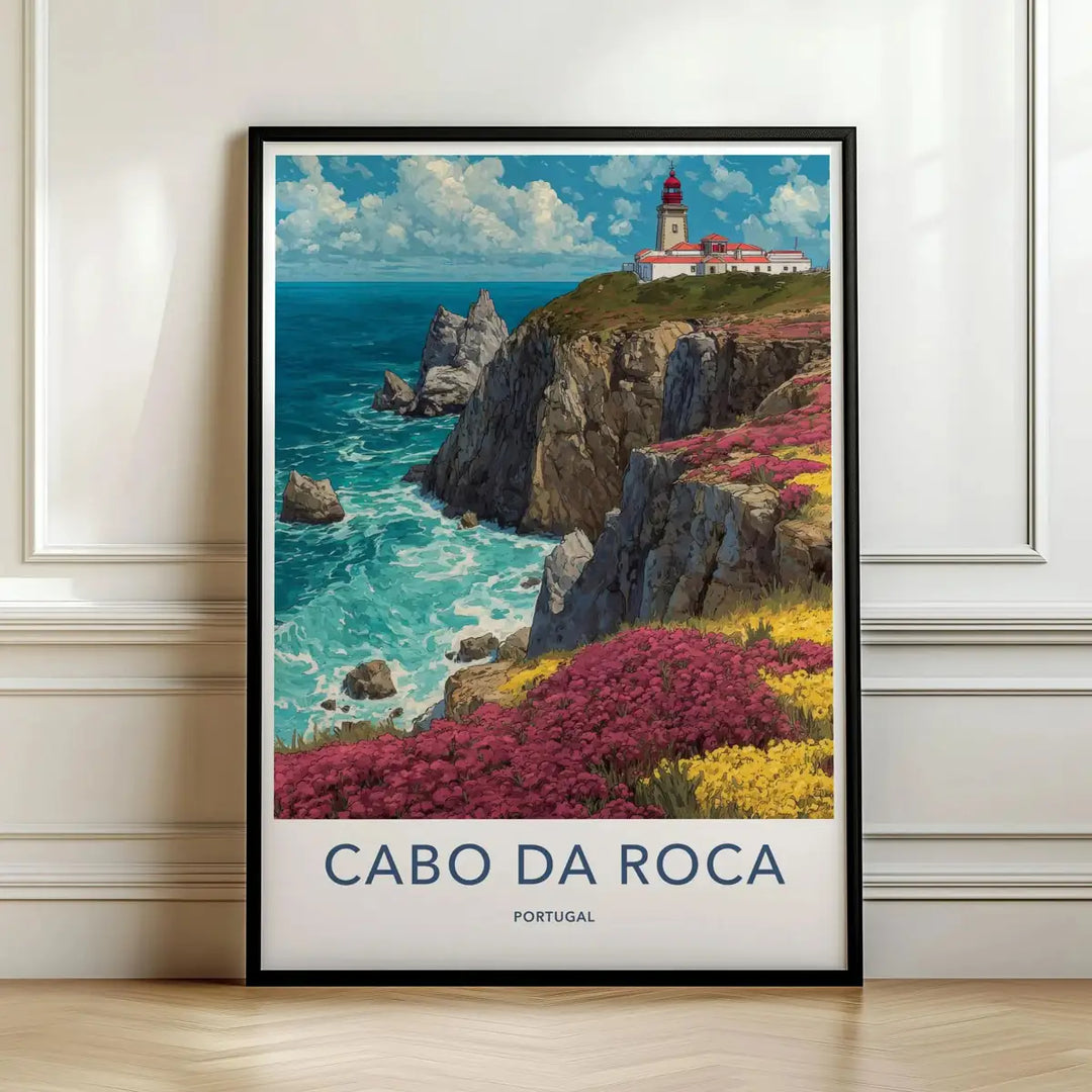 Framed travel poster of Cabo da Roca's rugged coastal cliffs and lighthouse leaning against a white wall.
