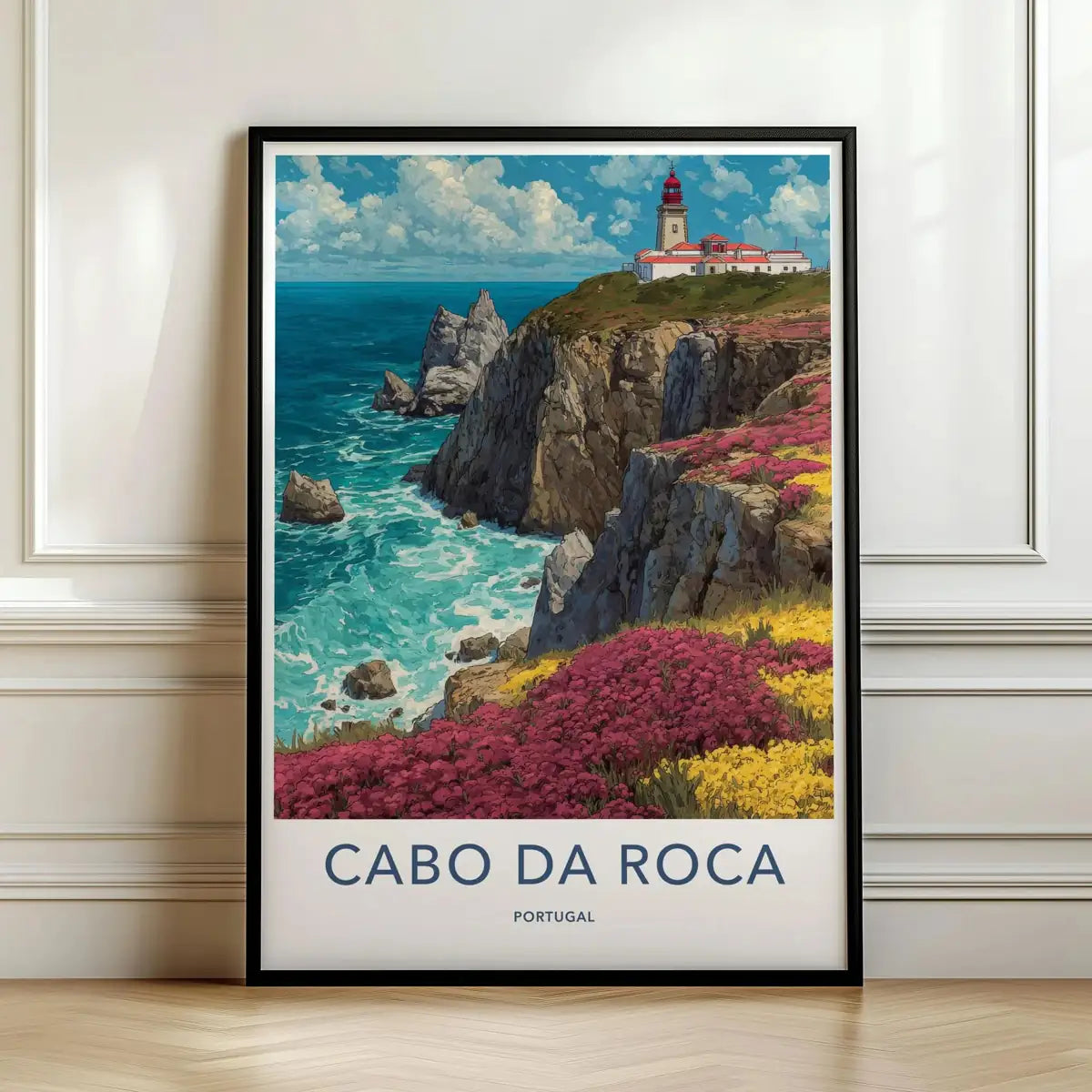 Framed travel poster of Cabo da Roca's rugged coastal cliffs and lighthouse leaning against a white wall.