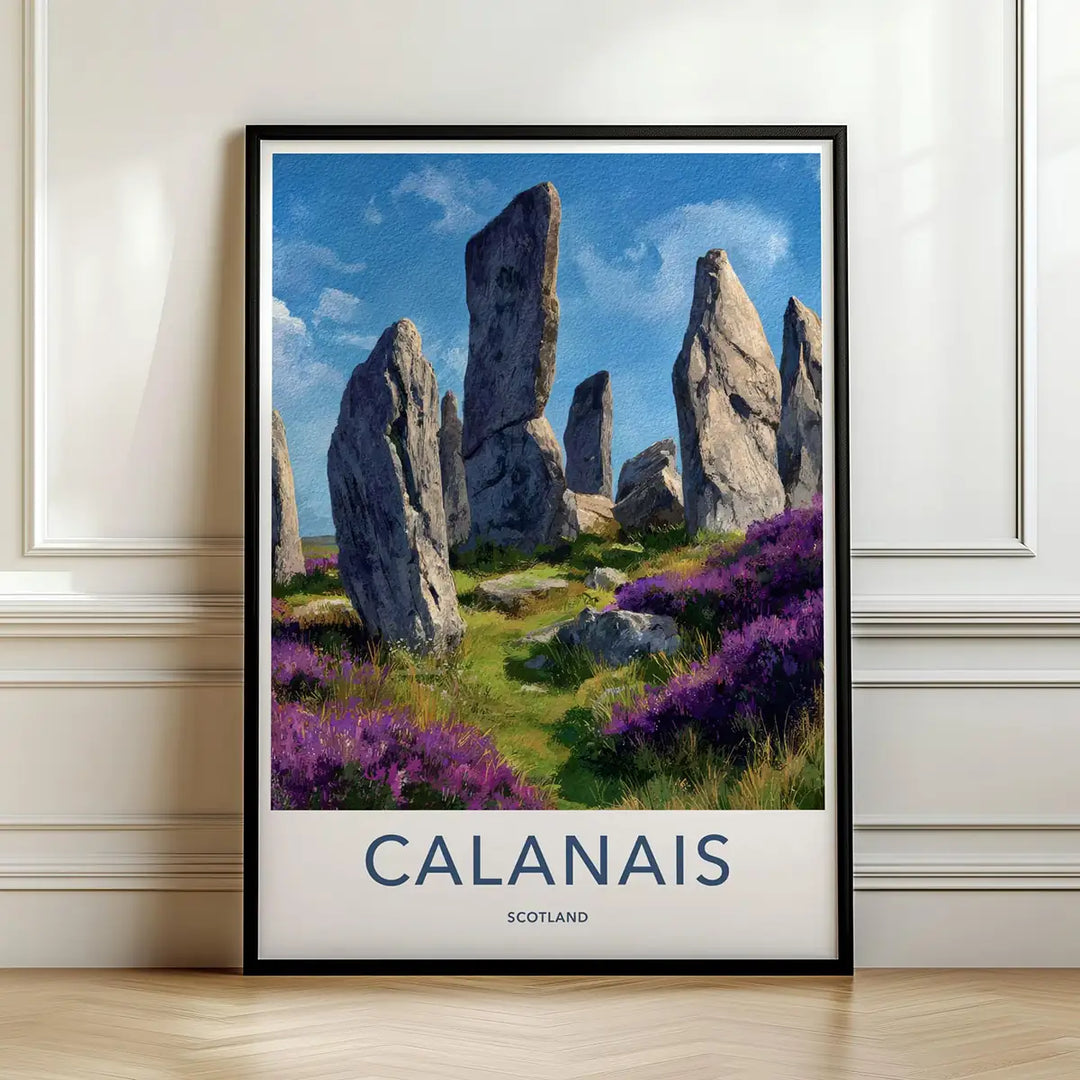 Framed travel poster of the Calanais standing stones in a grassy landscape leaning against a white wall.