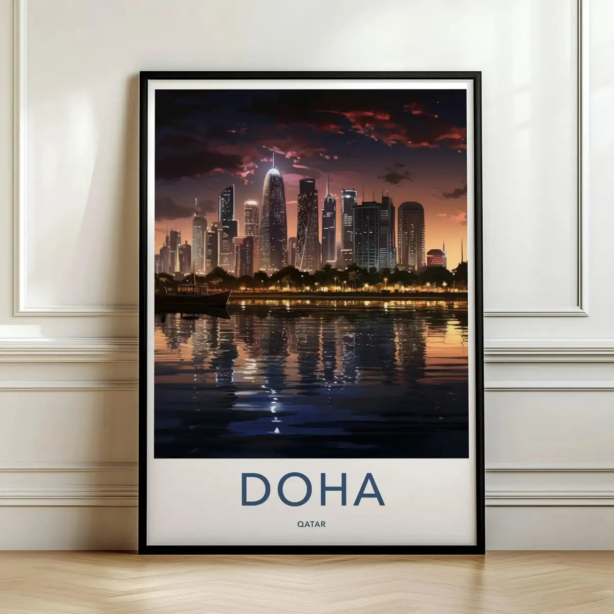 Framed travel poster of Doha's modern city skyline reflecting in the water at twilight leaning against a white wall.