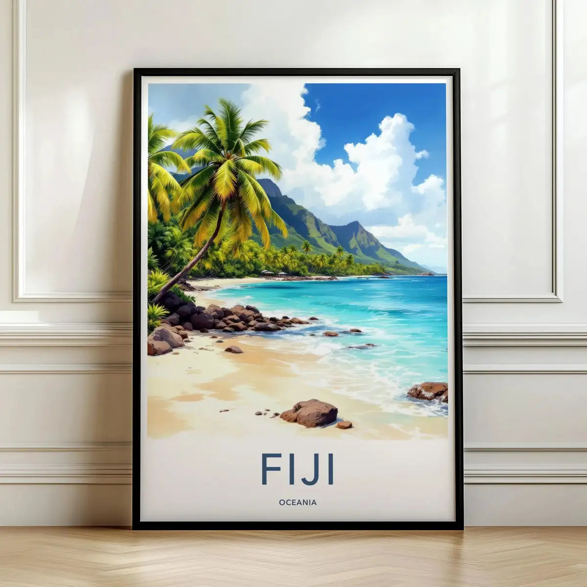 Framed travel poster of a tropical Fiji beach with palm trees and turquoise water leaning against a white wall.