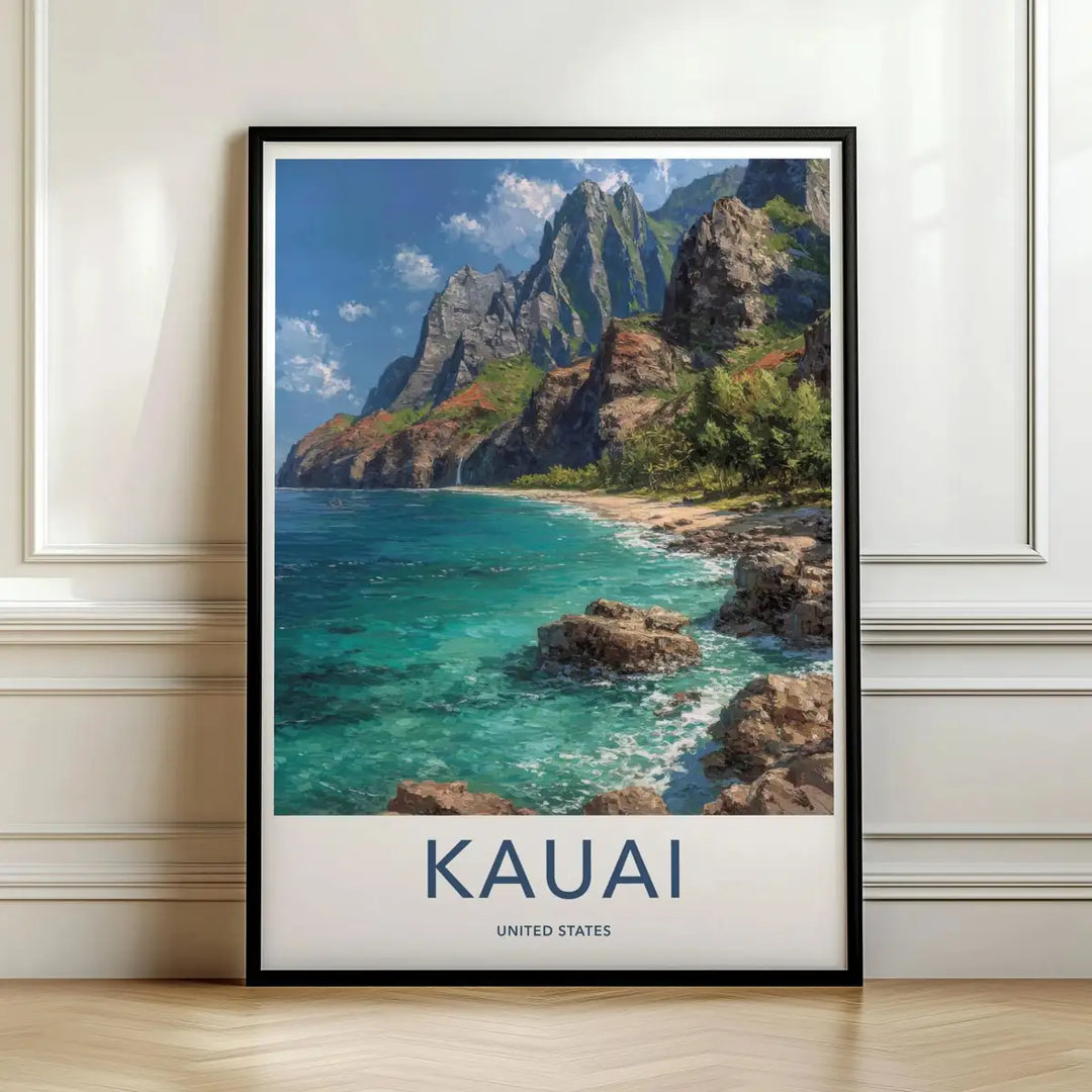 Framed travel poster of Kauai's lush green coastal cliffs and sandy beach leaning against a white wall.