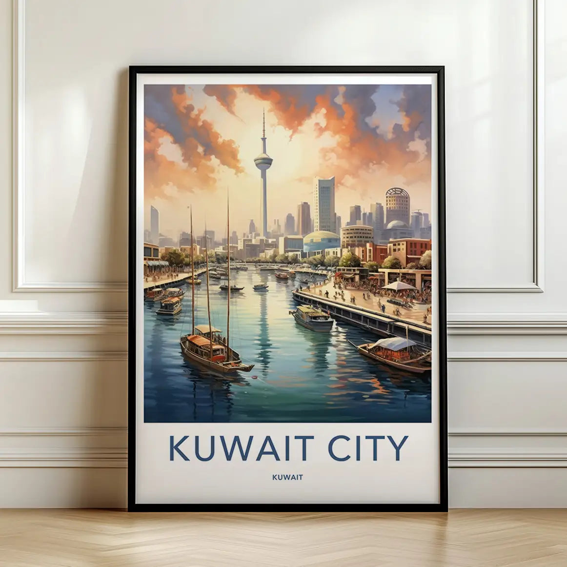 Framed travel poster of Kuwait City's skyline and towers over a bustling harbor leaning against a white wall.