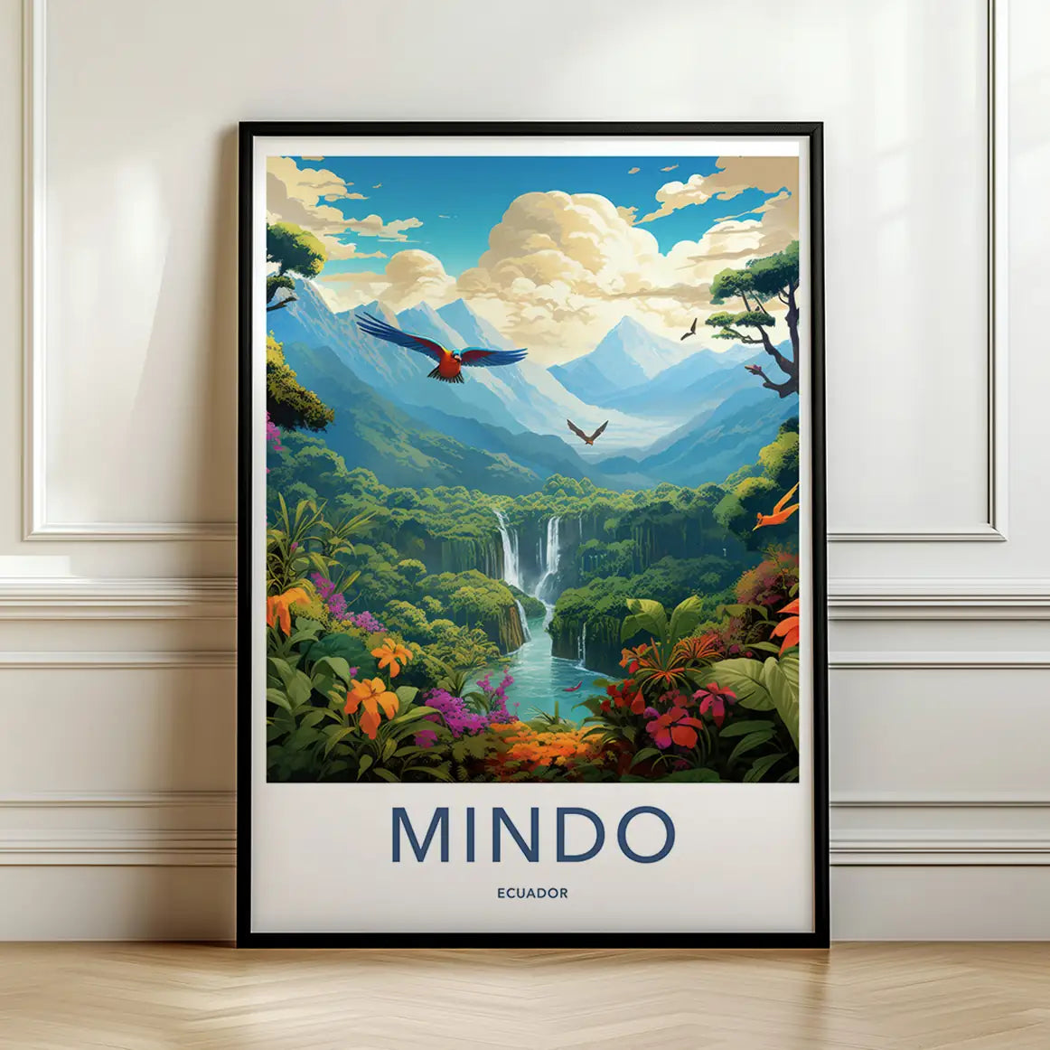 Framed travel poster of Mindo's lush cloud forest and waterfalls with flying birds leaning against a white wall.