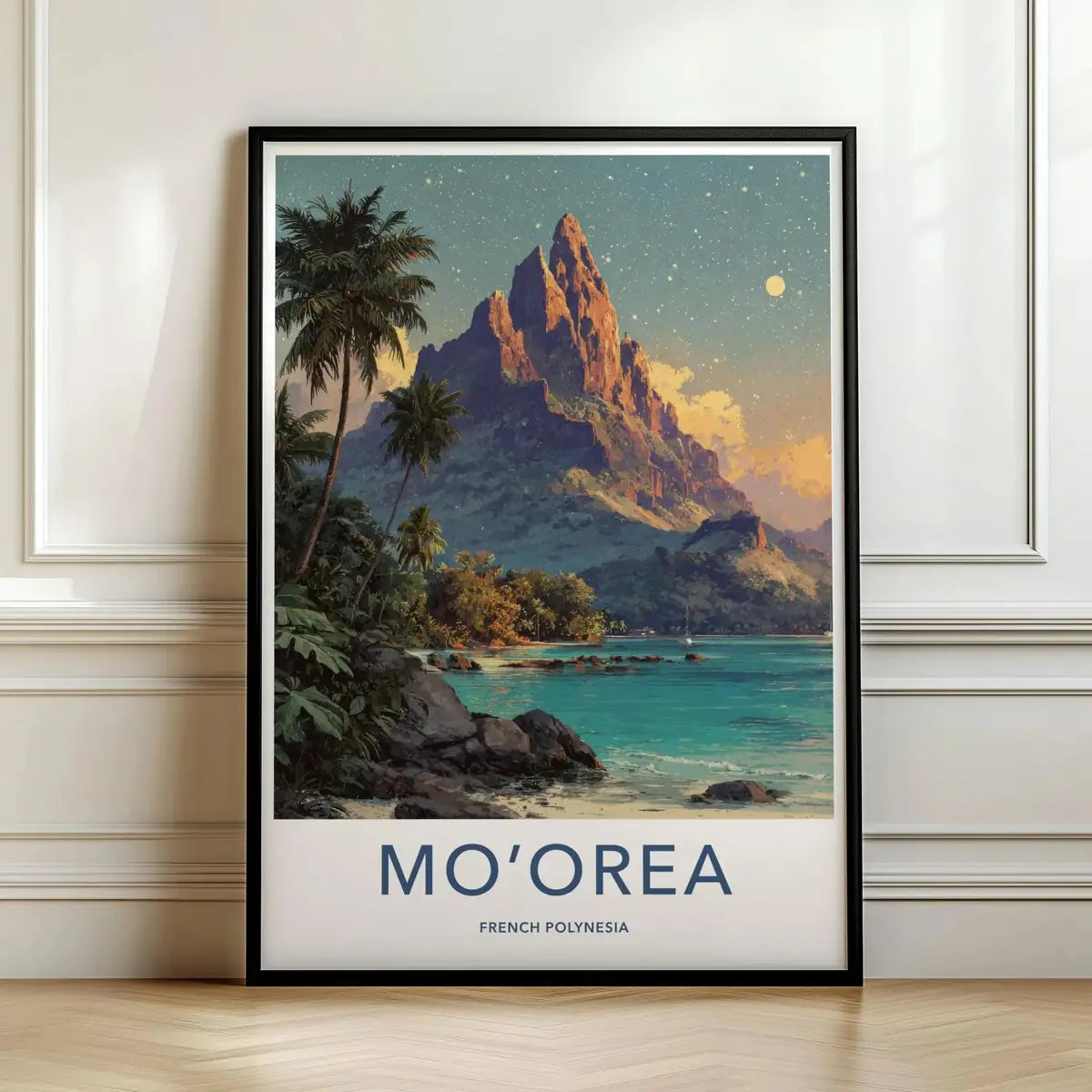 Framed travel poster of Mo'orea's dramatic volcanic peaks and lagoon leaning against a white wall.