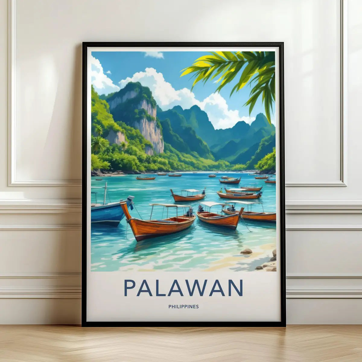 Framed travel poster of Palawan's steep coastal cliffs and traditional outrigger boats leaning against a white wall.