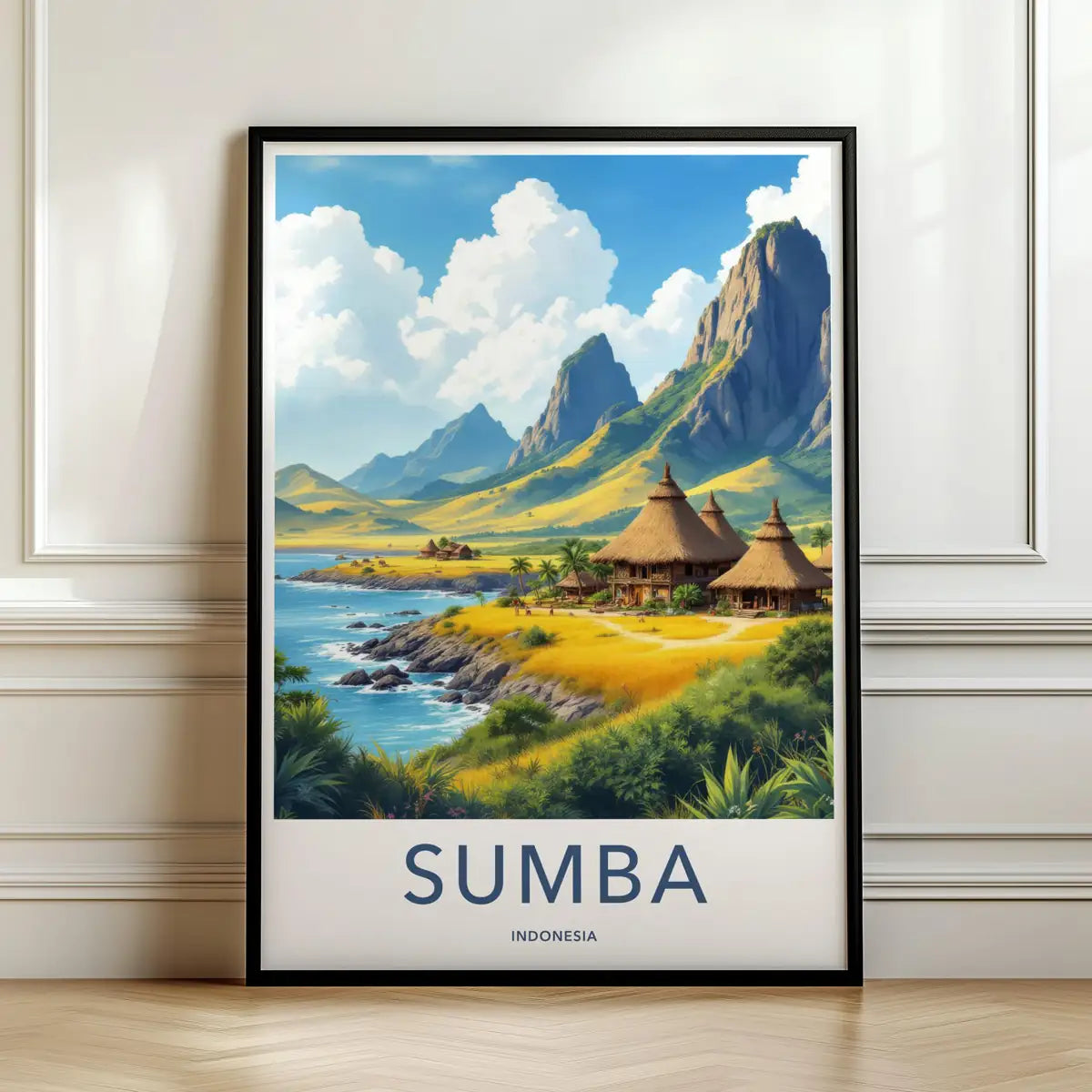 Framed travel poster of Sumba's traditional thatched-roof houses and green hills leaning against a white wall.