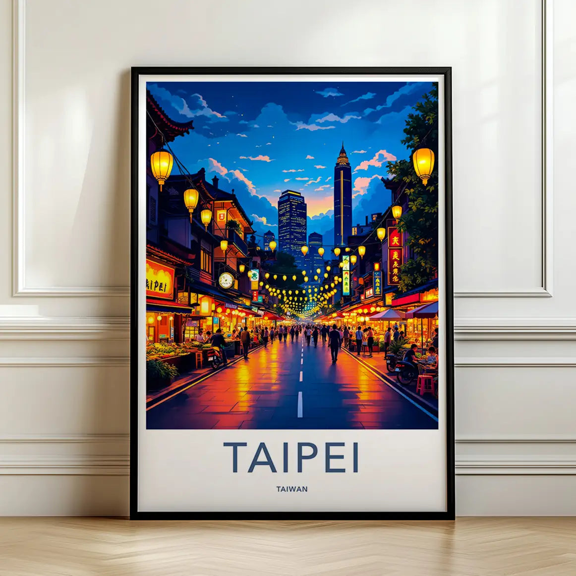 Framed travel poster of Taipei's illuminated street scene with glowing yellow lanterns leaning against a white wall.