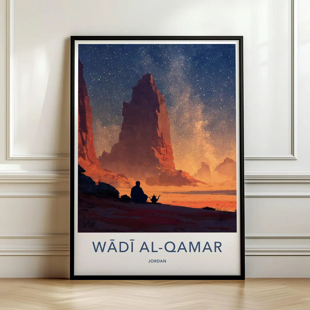 Framed travel poster of Wadi Al-Qamar's desert rock formations under a starry night sky leaning against a white wall.