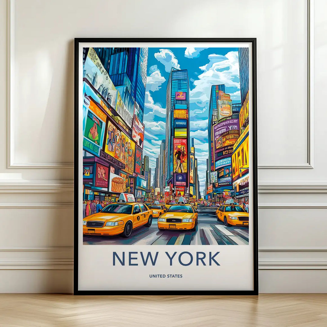 Framed travel poster of a bustling New York Times Square with yellow cabs leaning against a white wall.