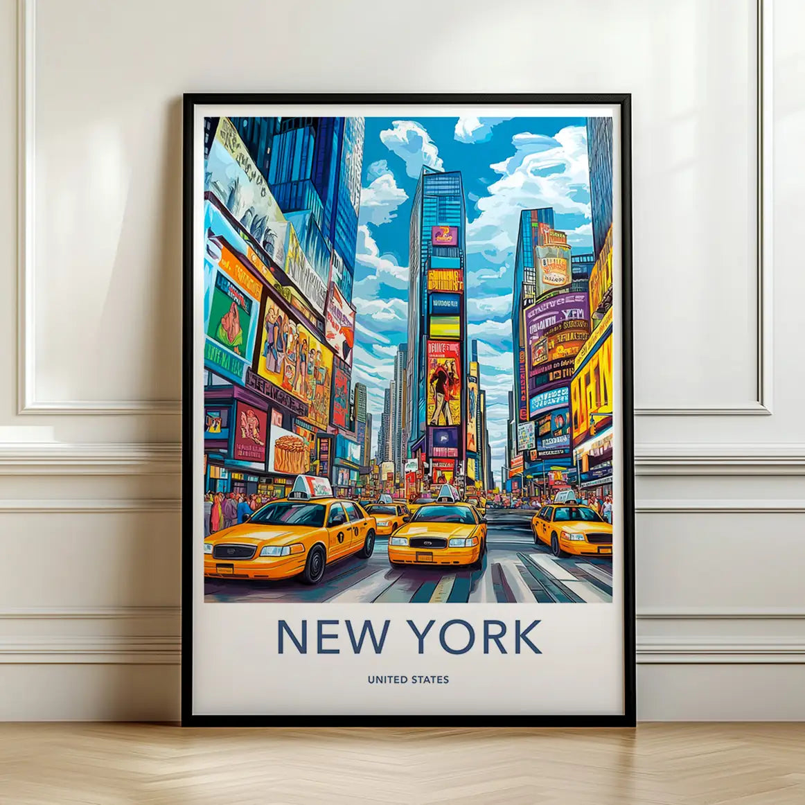 Framed travel poster of a bustling New York Times Square with yellow cabs leaning against a white wall.