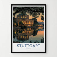Stuttgart Poster - Germany Travel Art - Riverside Building Lights Home Decor
