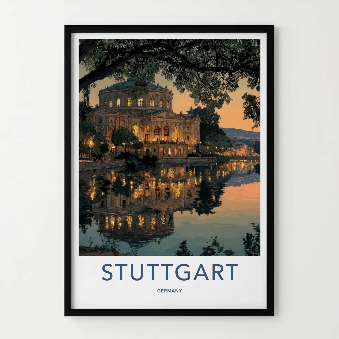 Stuttgart Poster - Germany Travel Art - Riverside Building Lights Home Decor