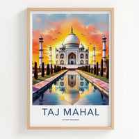Taj Mahal Poster - India Uttar Pradesh Sunset Reflection Art