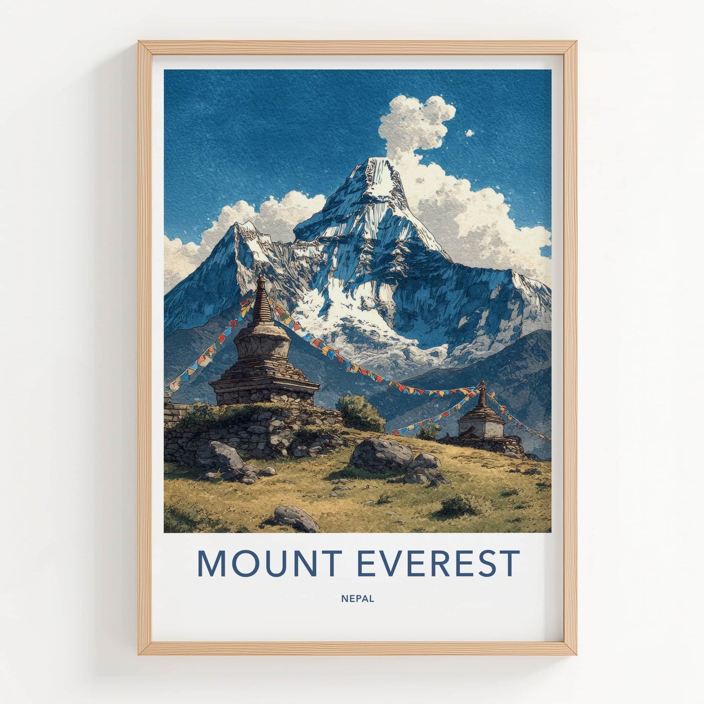 Mount Everest Poster Nepal Travel Print Ancient Stupas
