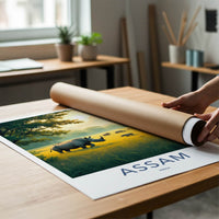 Assam Poster - India Travel Art - Assam Rhinos Golden Sunset Home Decor