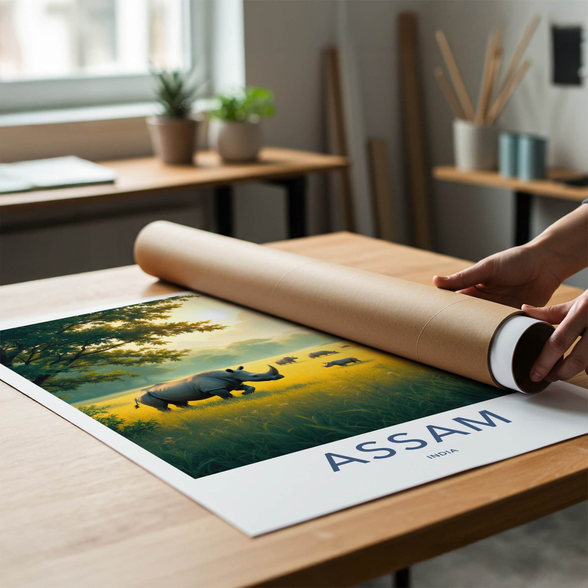Assam Poster - India Travel Art - Assam Rhinos Golden Sunset Home Decor