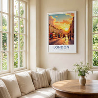 London Poster - England Framed Print - Sunset Buses Street Lounge Decor
