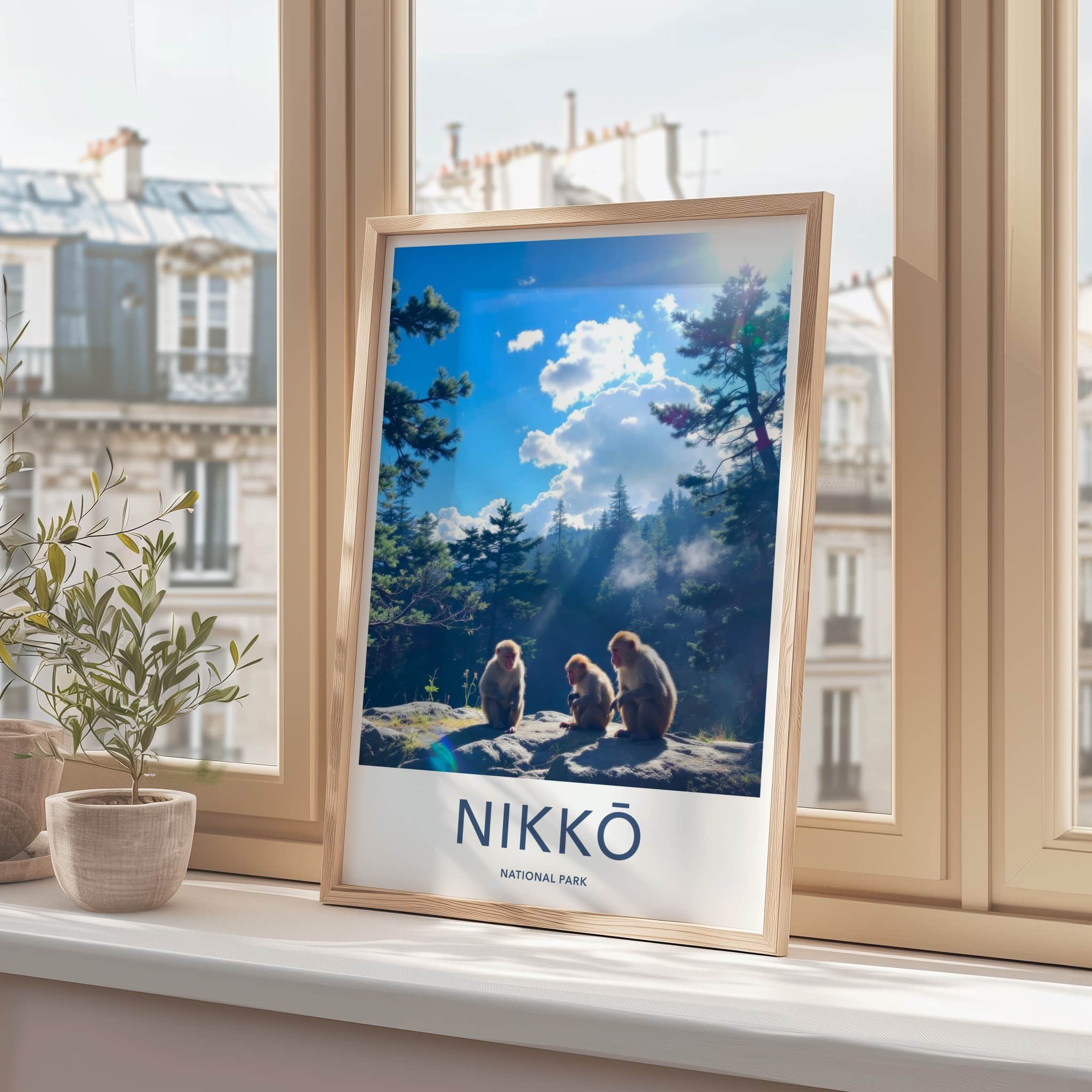 Nikko National Park Poster - Japan Travel Art - Sitting Monkeys Sunny Wall Decor