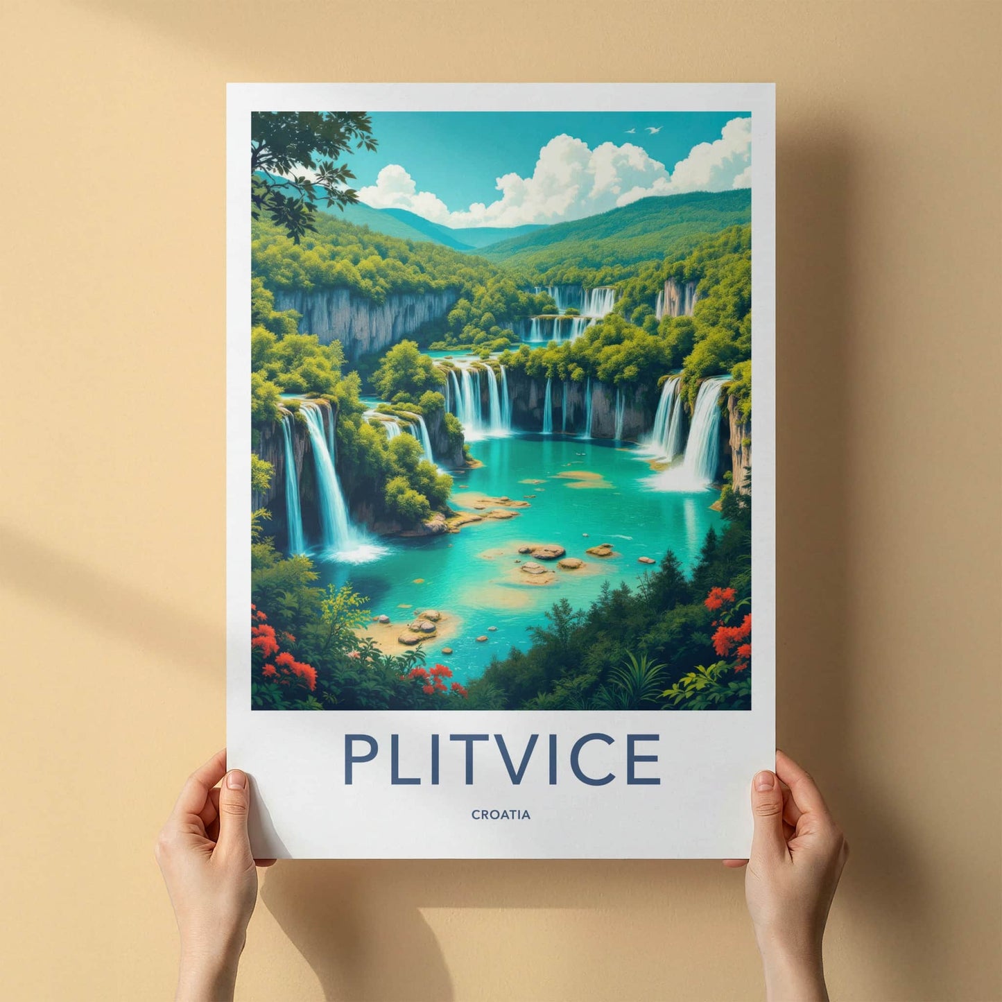 Plitvice Poster - Croatia Art Print - Layered Turquoise Waterfalls Home Decor