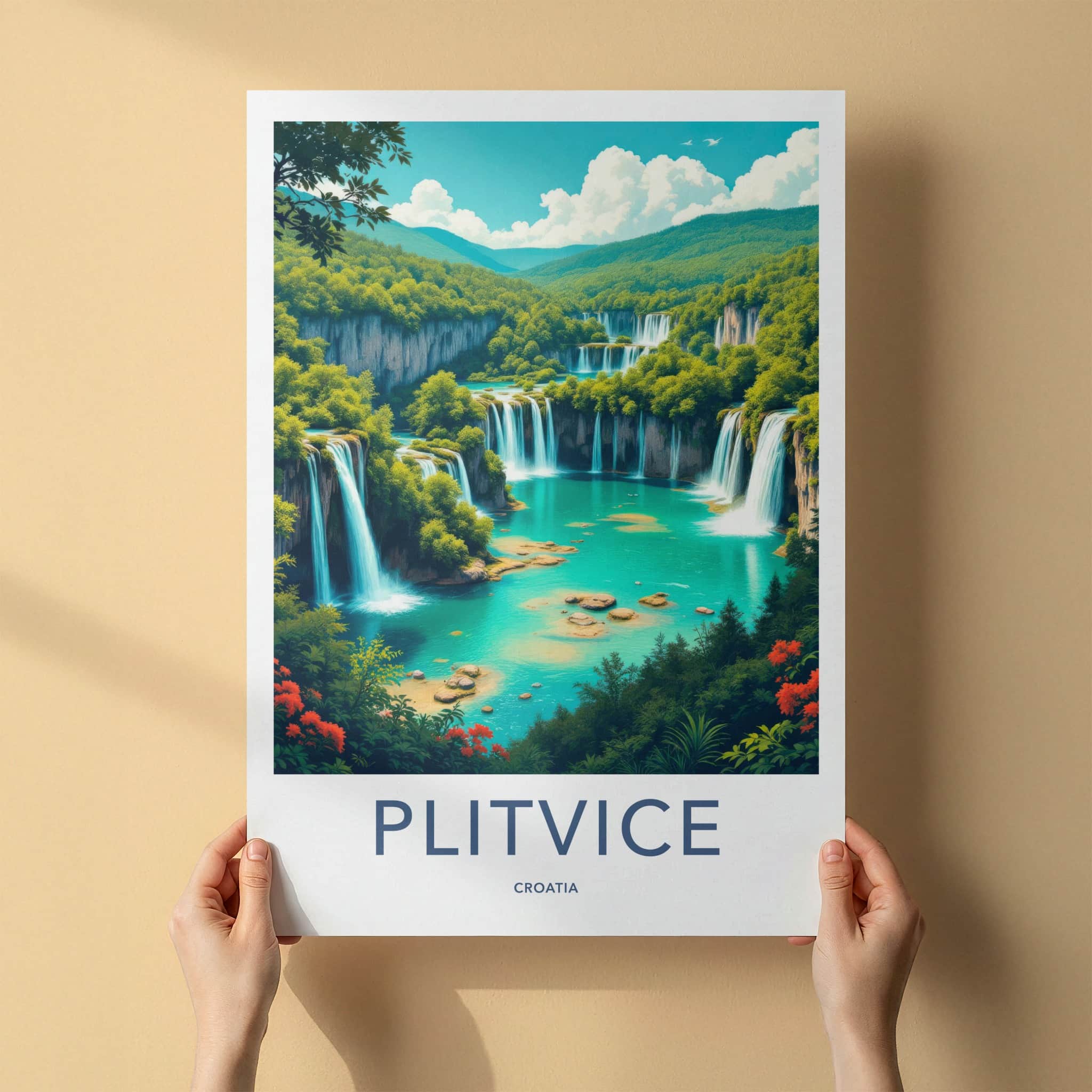 Plitvice Poster - Croatia Art Print - Layered Turquoise Waterfalls Home Decor