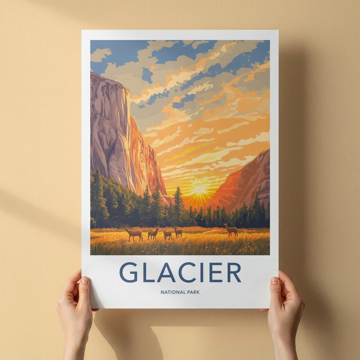 Glacier National Park Poster - Mountain Wall Art with Scenic Sunset