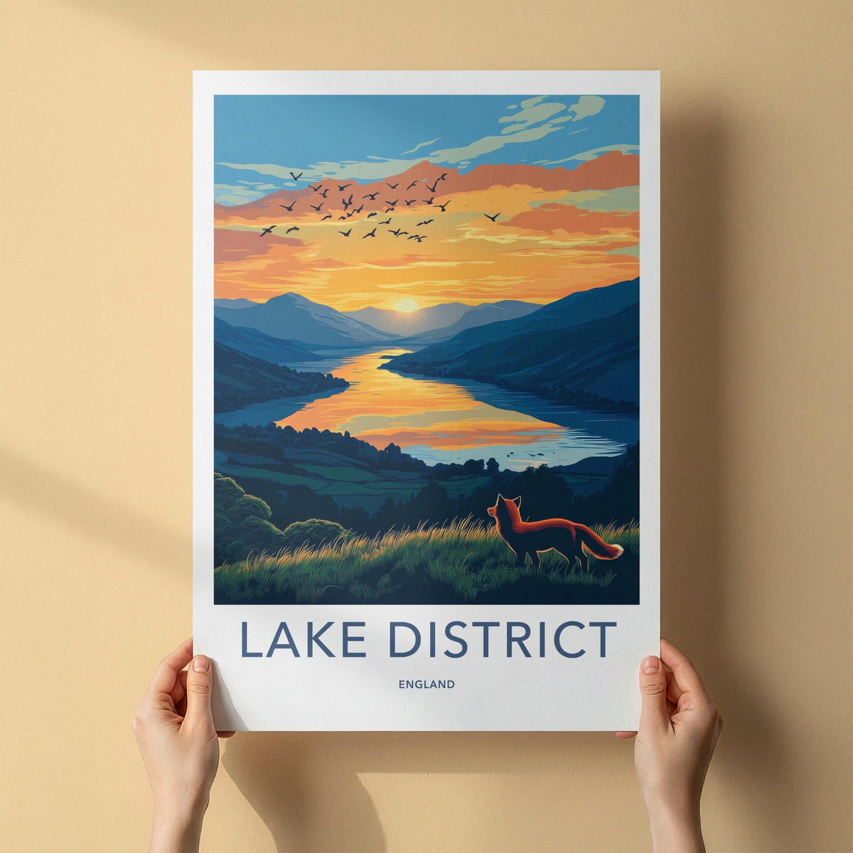 Lake District Poster - England Wall Art With Fox Silhouette & Scenic