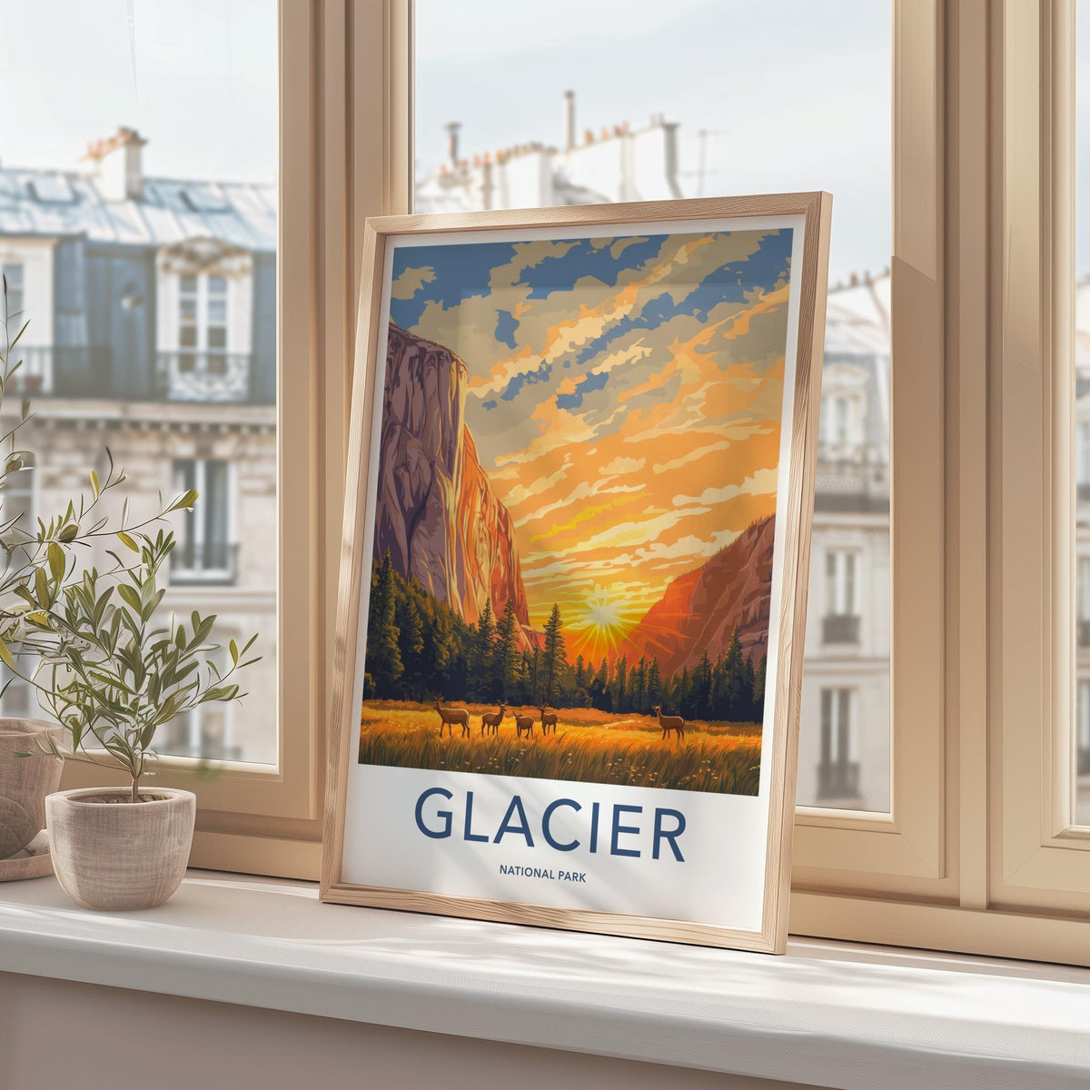 Glacier National Park Poster - Mountain Wall Art with Scenic Sunset