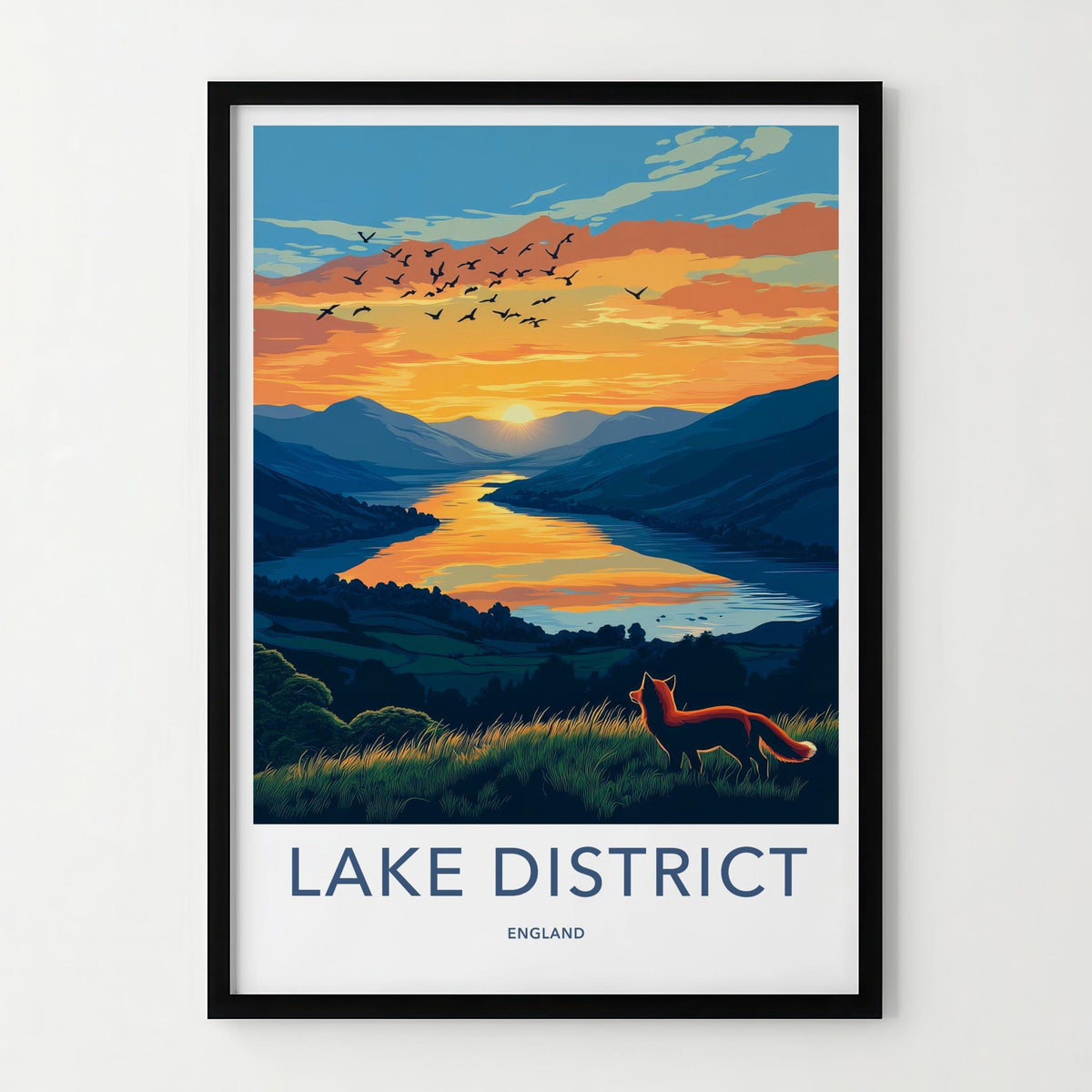 Lake District Poster - England Wall Art With Fox Silhouette & Scenic