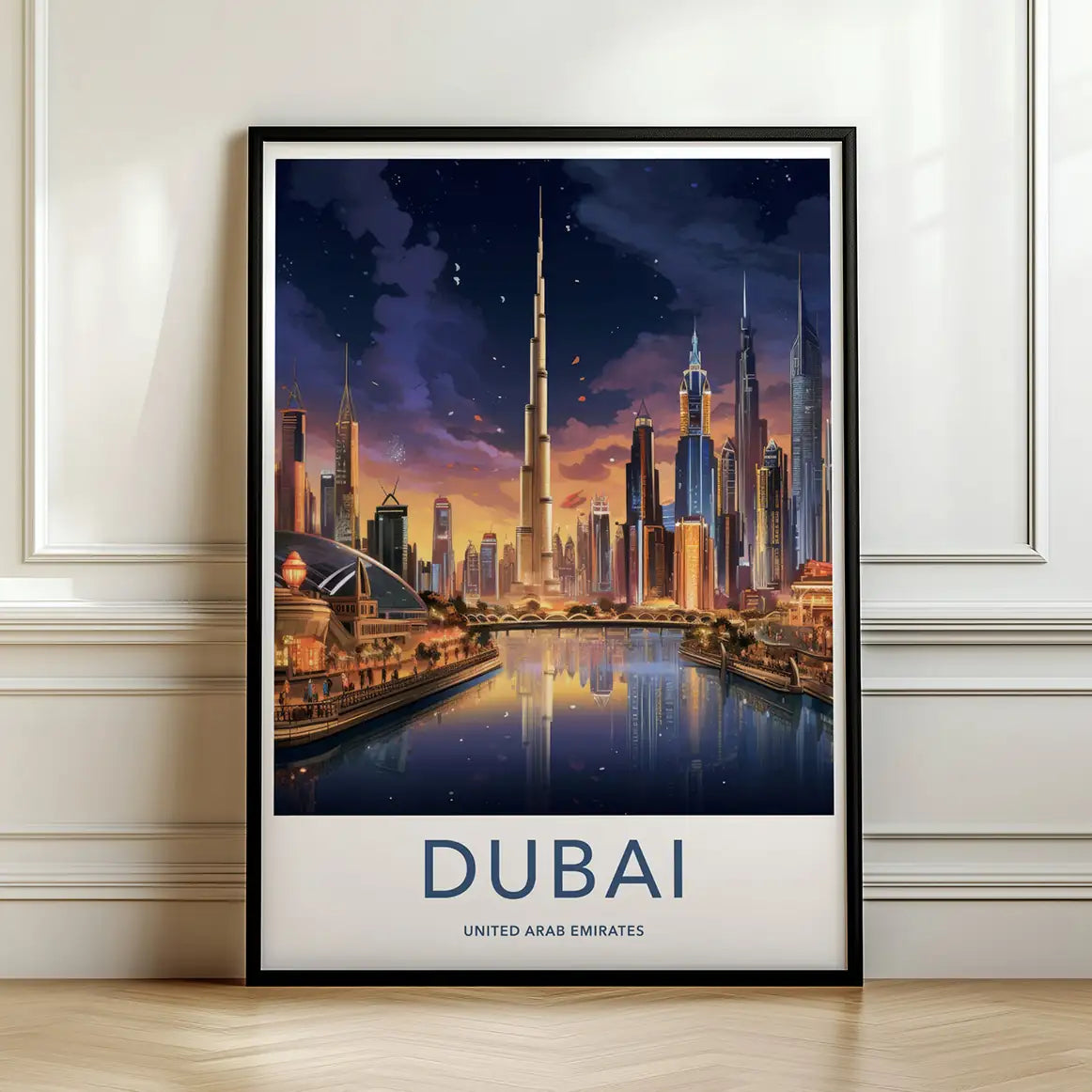 Framed poster of Dubai skyline with Burj Khalifa towering with a calming sunset.