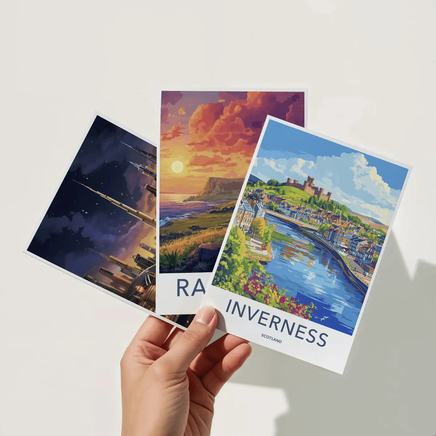 Three scenic postcards held by a hand showcasing Inverness, Rapa Nui and Dubai.