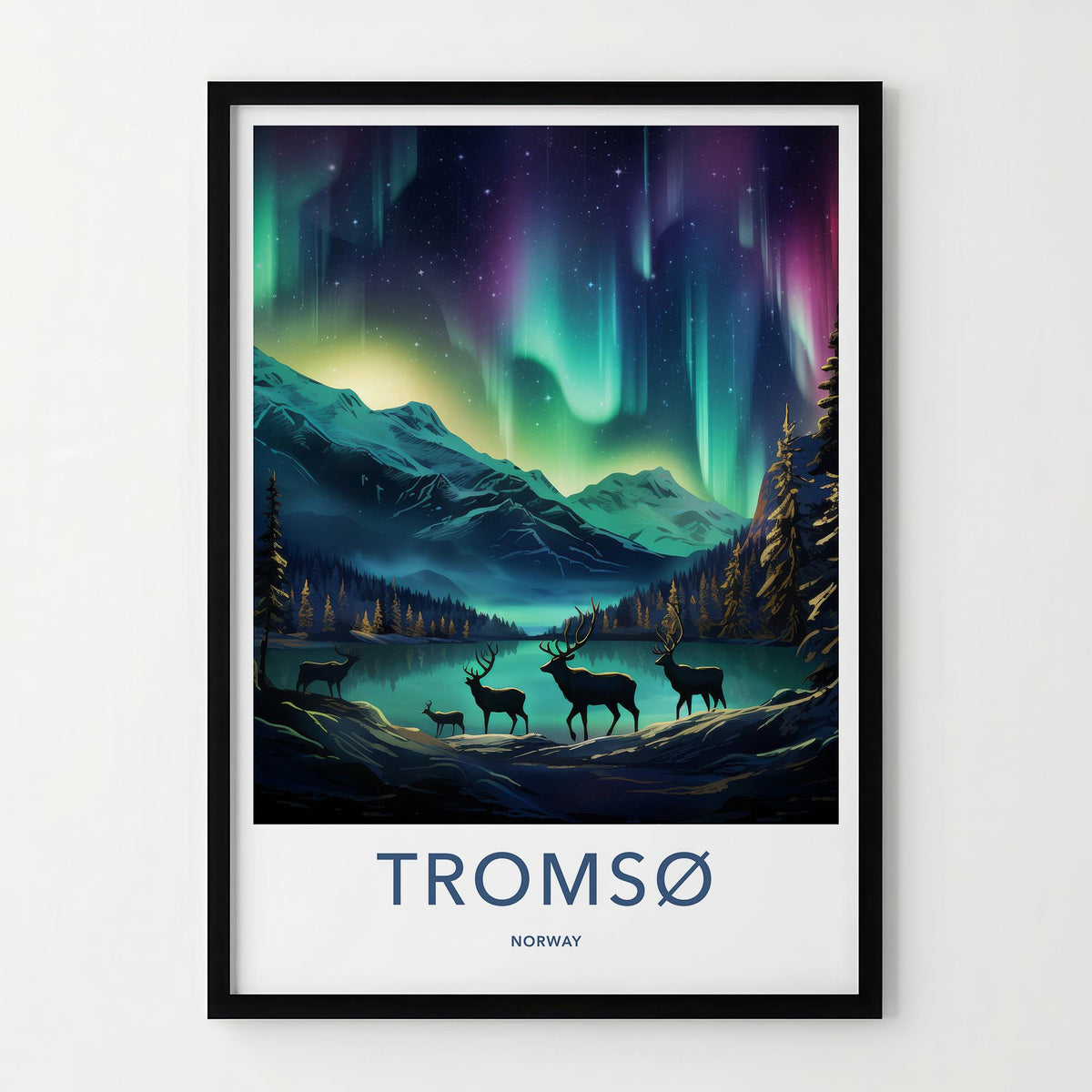 Tromsø Poster - Northern Lights Print with Reindeer & Mountain