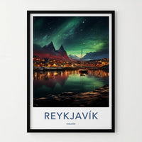 Reykjavik Poster - Iceland Wall Art Featuring Aurora Borealis Night
