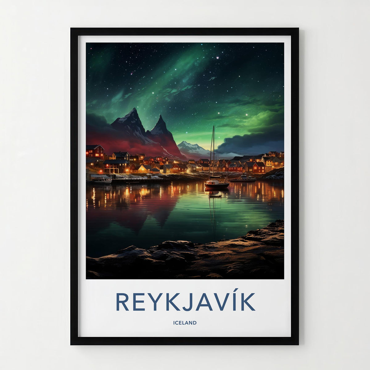 Reykjavik Poster - Iceland Wall Art Featuring Aurora Borealis Night