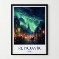Reykjavik Poster - Iceland Wall Art With Northern Lights Print