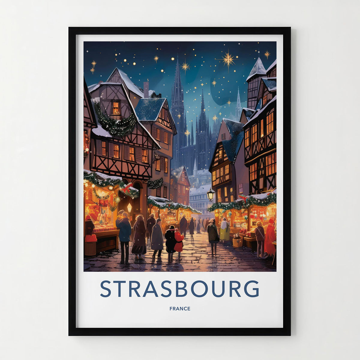Strasbourg Wall Art - France Travel Poster with Scenic Winter Market