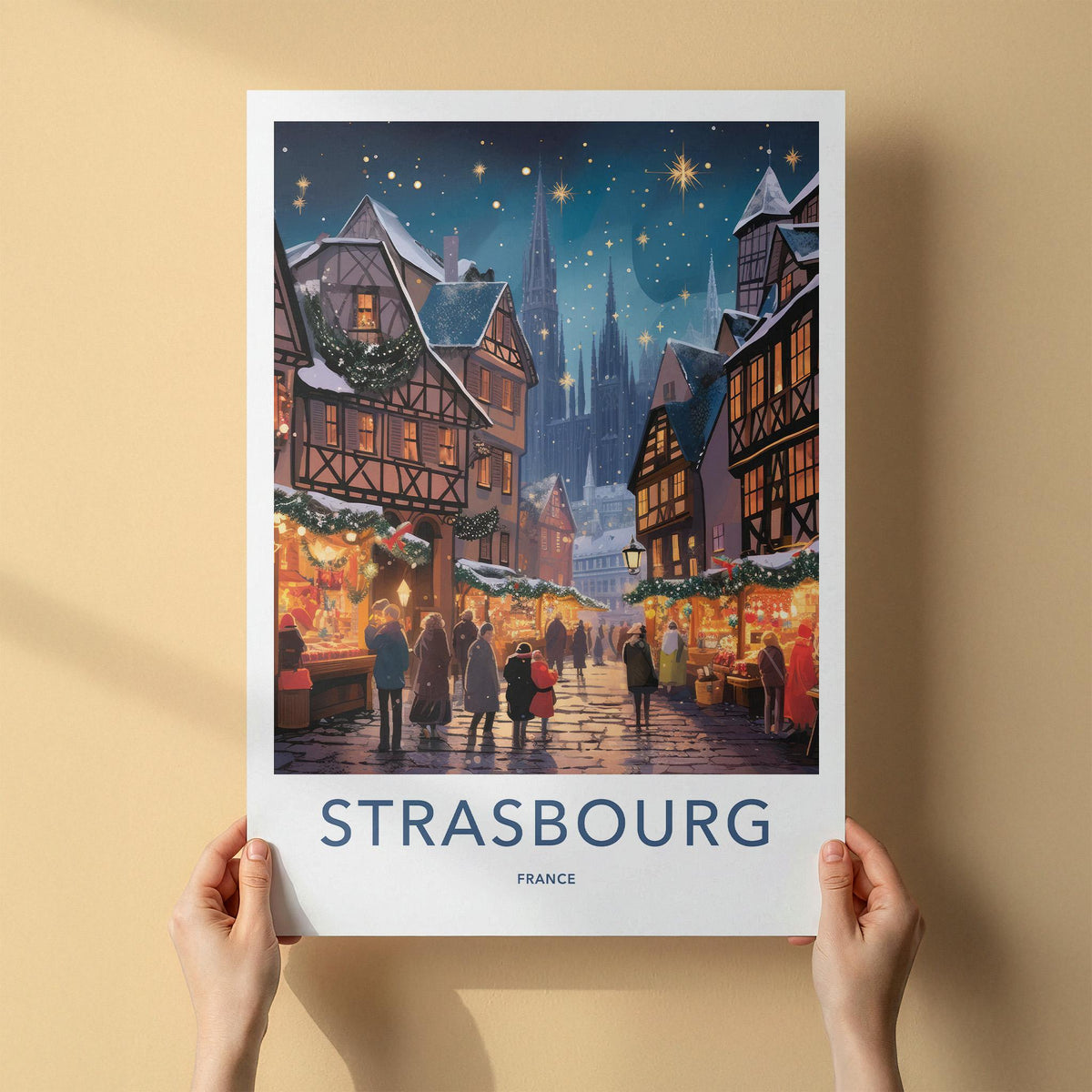 Strasbourg Wall Art - France Travel Poster with Scenic Winter Market