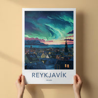 Reykjavik Poster - Iceland Wall Art With Aurora Borealis & Charming