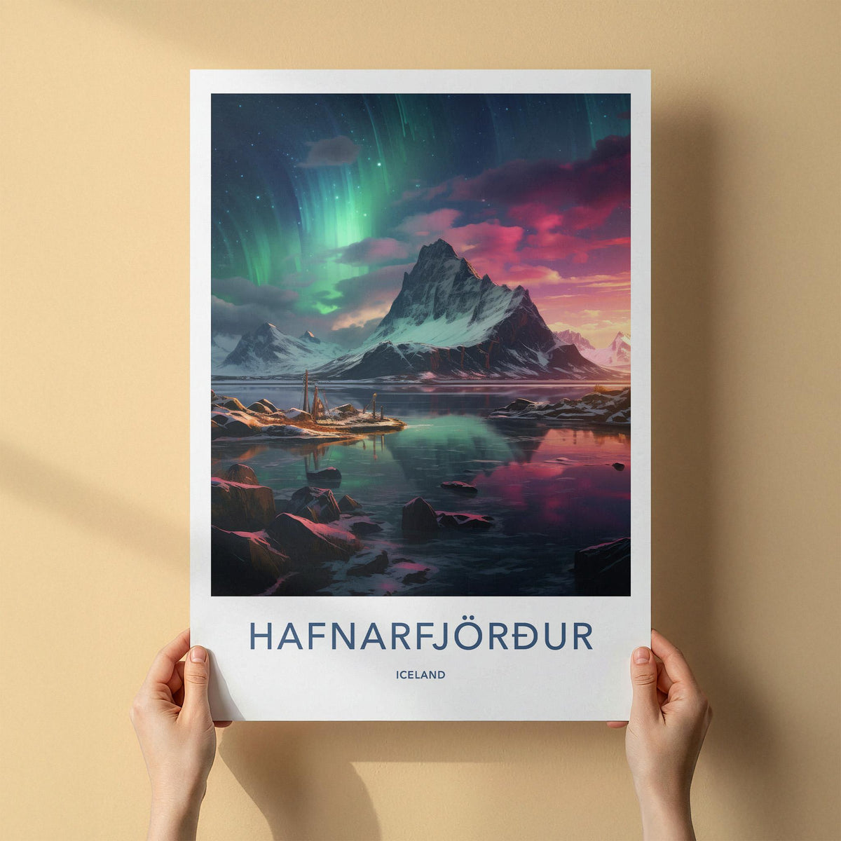 Hafnarfjörður Poster - Iceland Wall Art With Northern Lights & Scenic