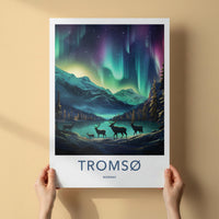 Tromsø Poster - Northern Lights Print with Reindeer & Mountain