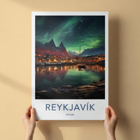 Reykjavik Poster - Iceland Wall Art Featuring Aurora Borealis Night