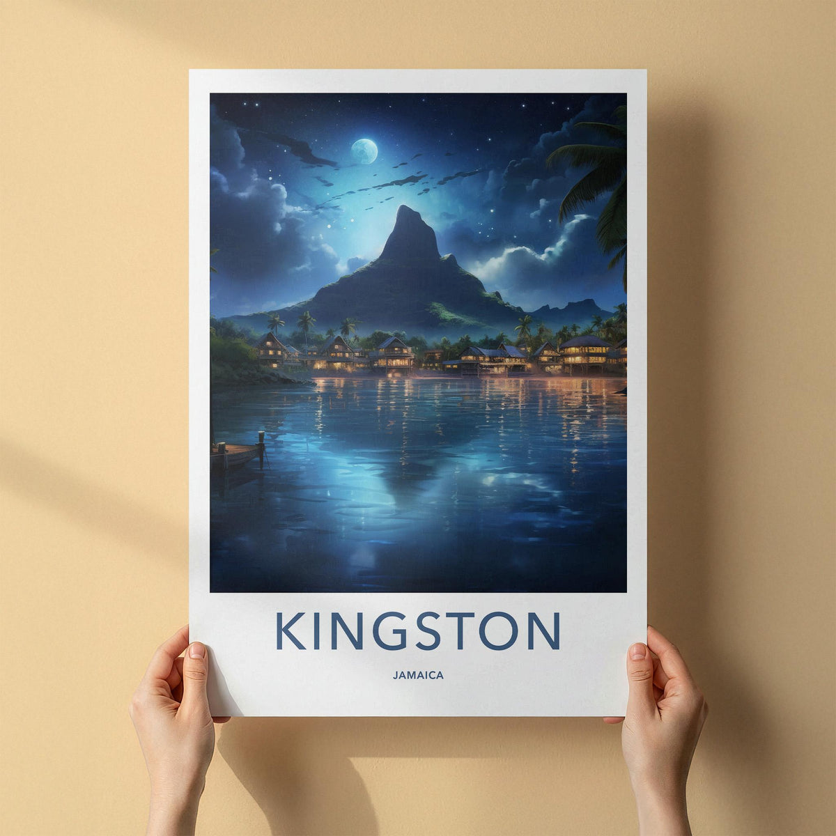 Kingston Jamaica Poster - Scenic Island Print With Moonlit Waterfront