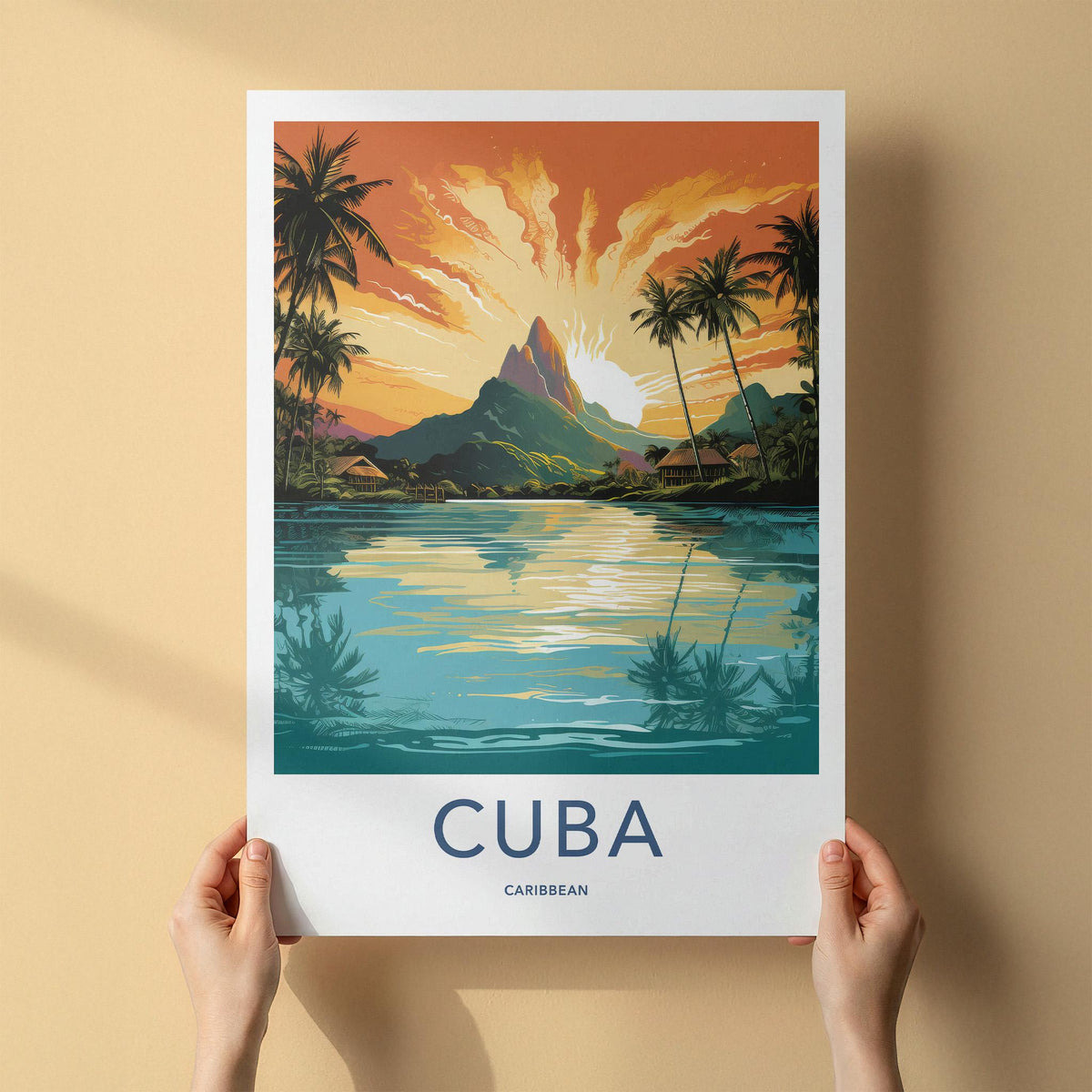 Cuba Wall Art - Vintage Cuba Print with Tropical Sunset Landscape