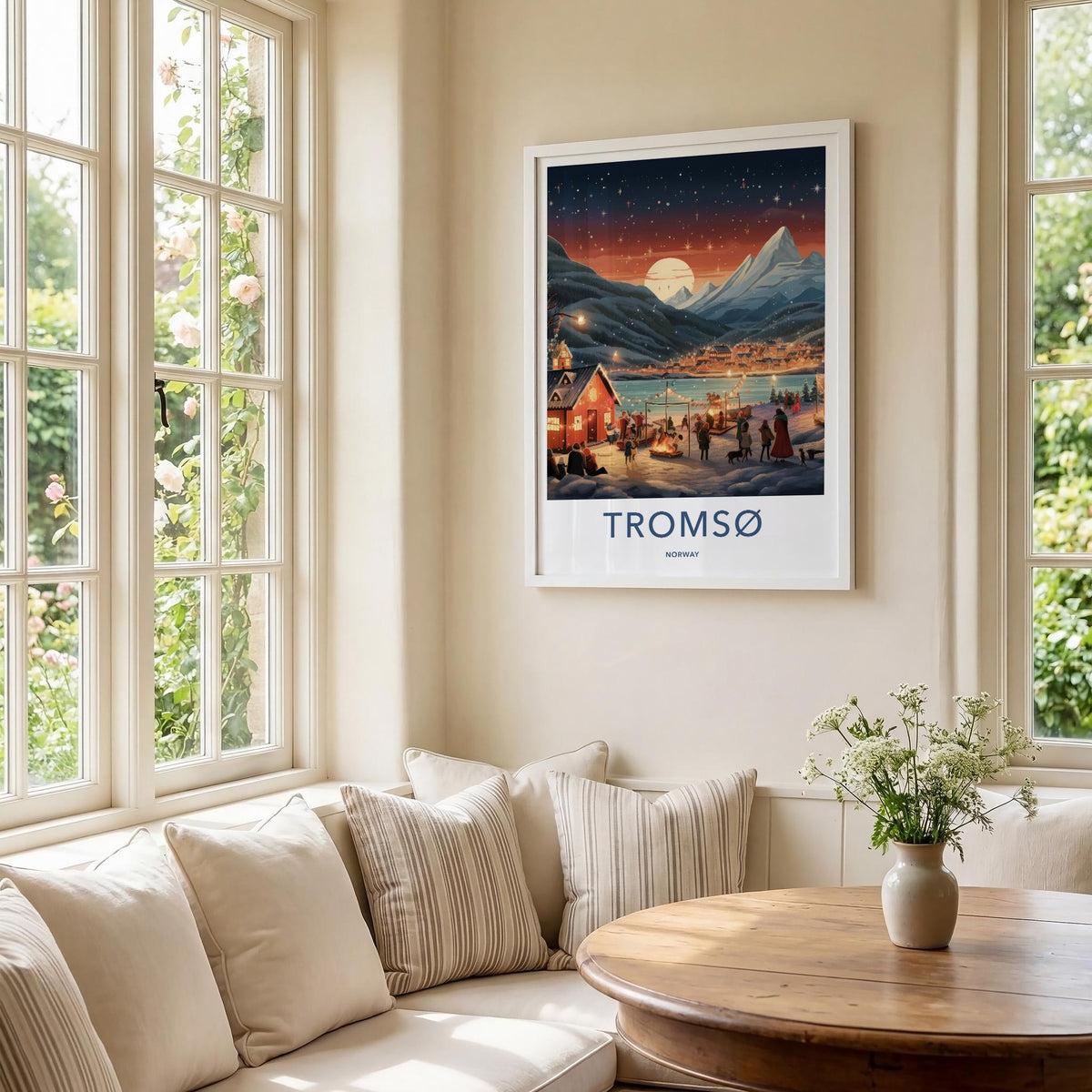 Tromsø Poster - Norway Wall Art With Northern Lights & Cozy Cabin
