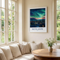 Reykjavik Poster - Iceland Wall Art With Aurora Borealis & Charming